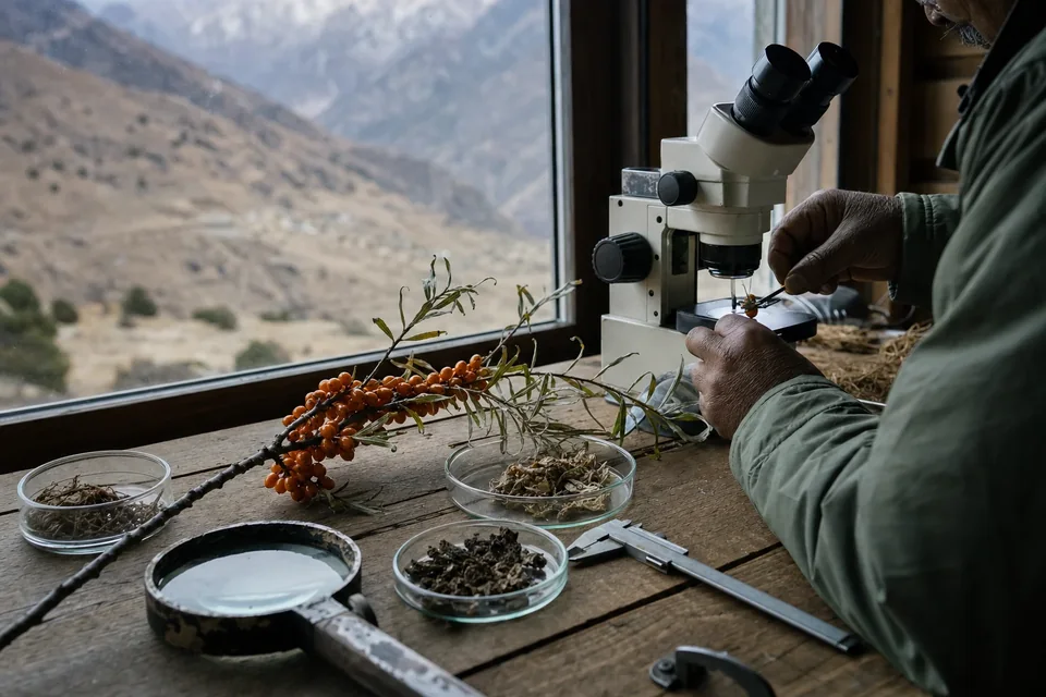 Una planta del Himalaya examinada en una estación de campo