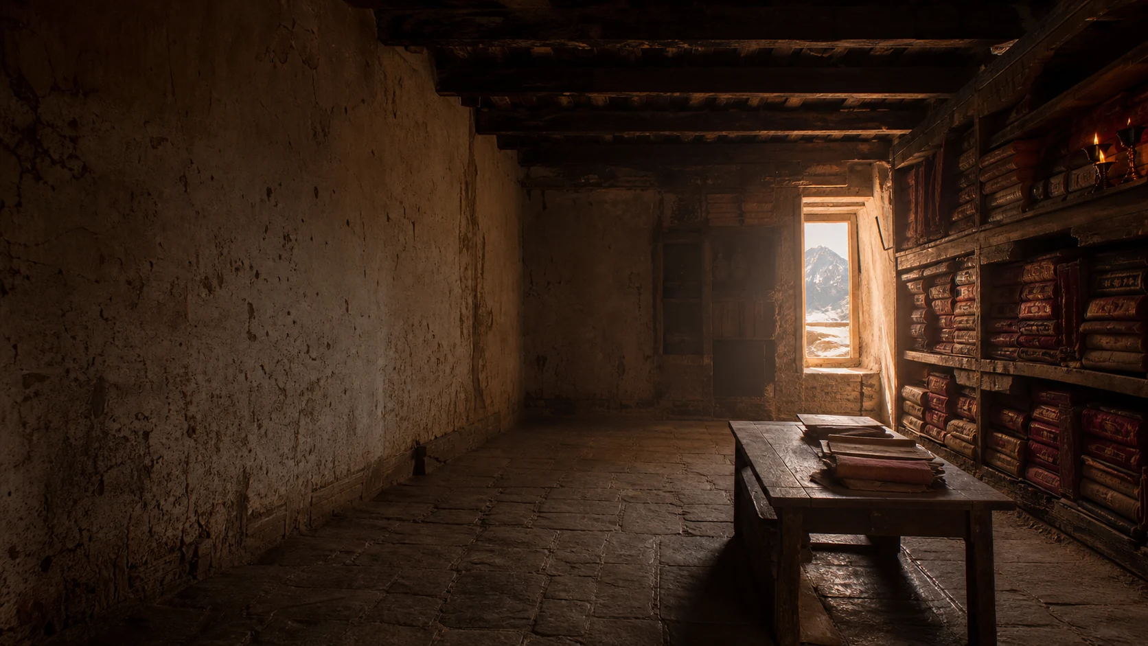 El archivo del monasterio, con los manuscritos en las estanterías
