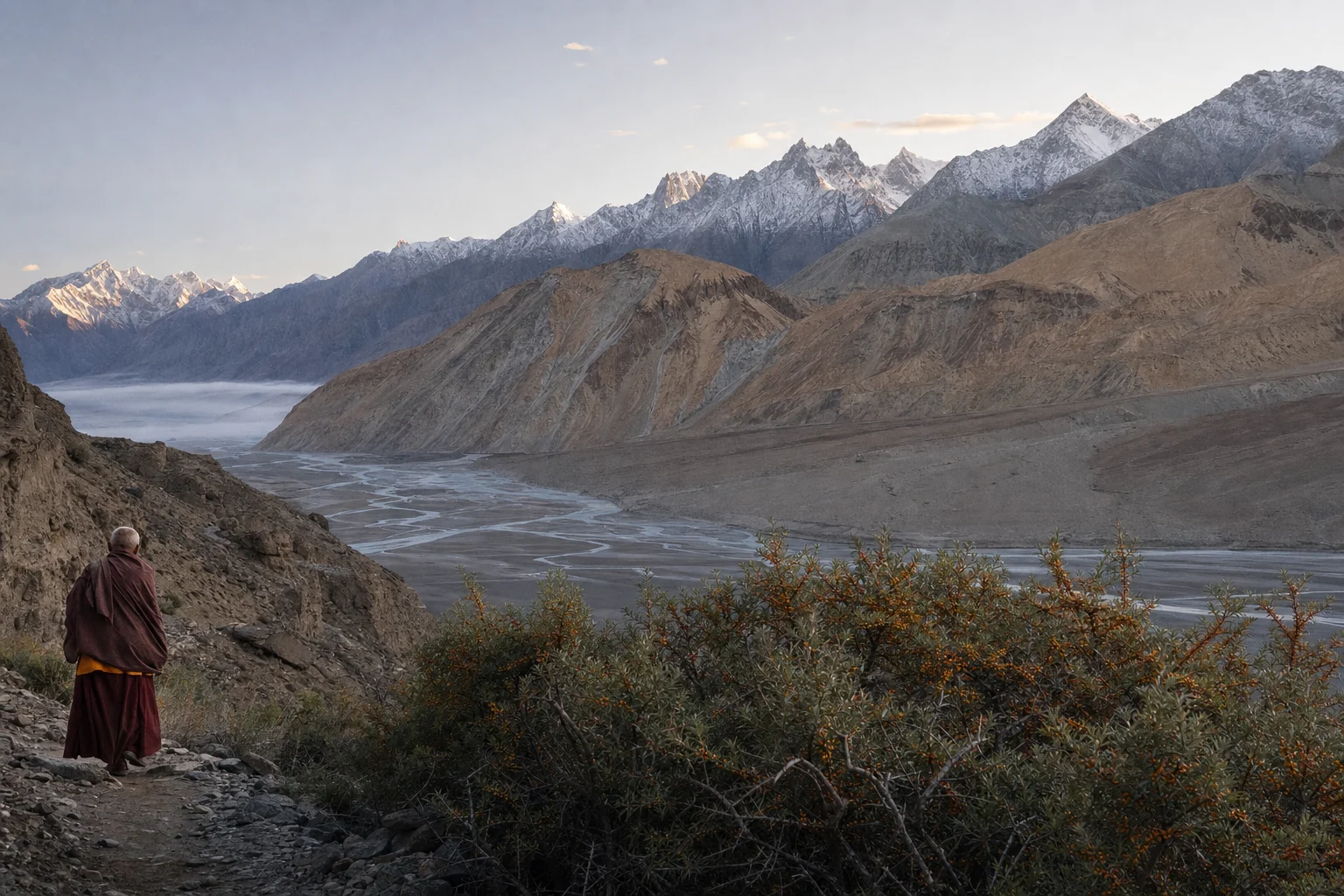 Valle de Ladakh con espino amarillo y el Abu caminando